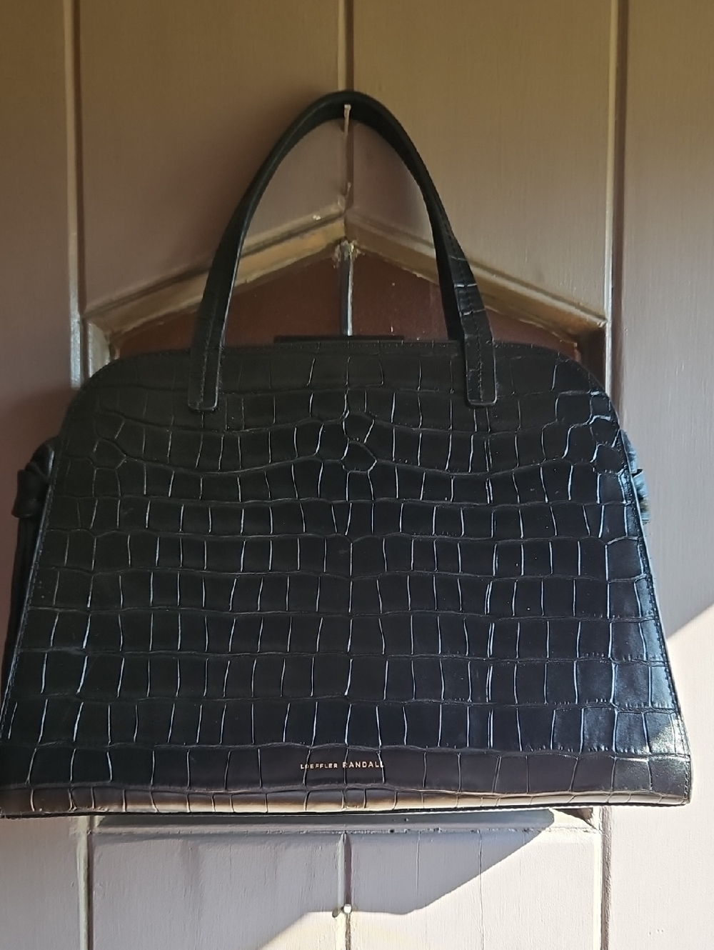 Loeffler Randle Black Croc-Embossed Leather Satchel Bag with Bow Detail